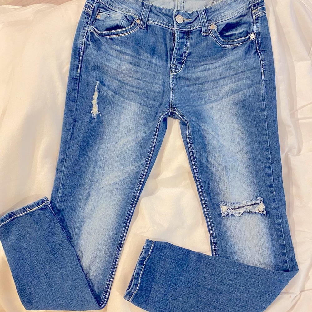 Wallflower distressed skinny jeans.